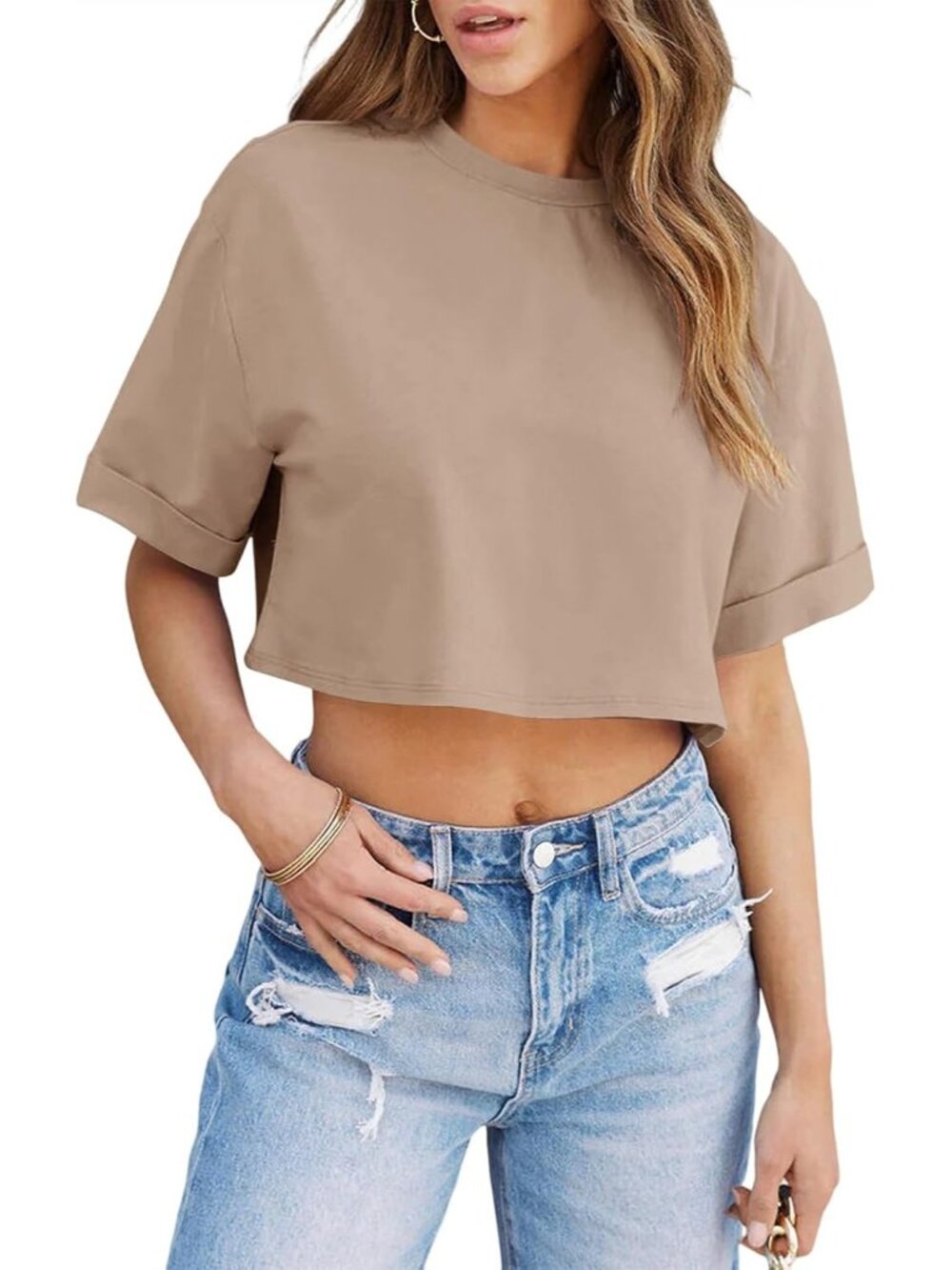 Women's Dark Khaki Short Sleeve Drop Shoulder Imported Casual Tops T Shirts